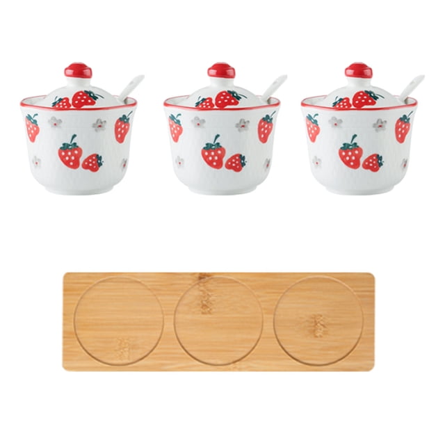 Hand Drawn Pattern Sugar Bowl With Lid, Ceramic Teacup Shape Sugar Pot, Coffee Accessories, Sugar Pourer, Kitchen Storage-Red Strawberry-3 Set