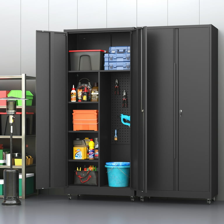 Coolsun Metal Garage Storage Cabinet with Locking Doors, 71" H Rolling Tool Storage Cabinet with Wheels, Tall Storage Cabinet with Adjustable Shelves for Office Home,Garage,Shop-Black