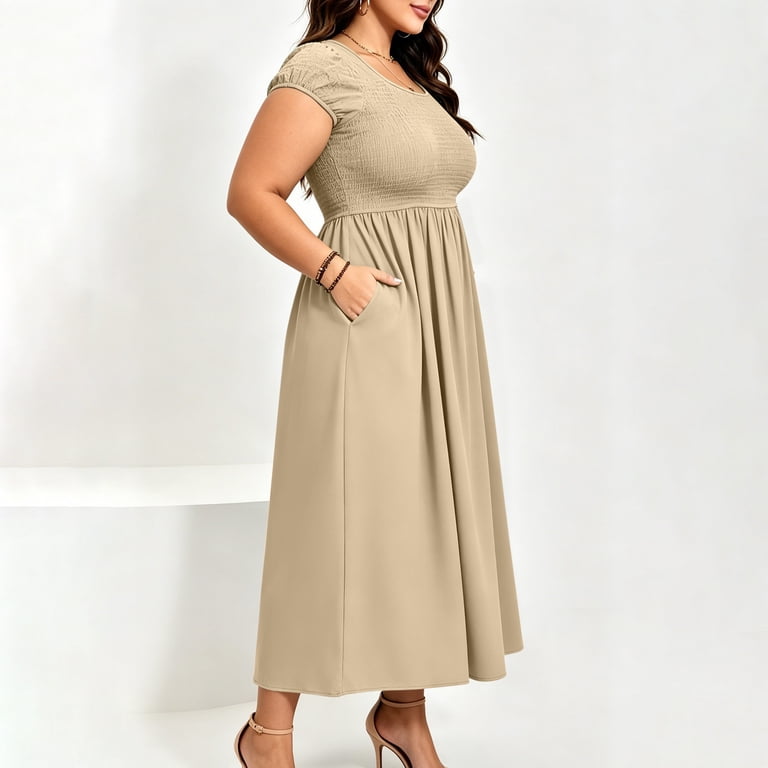 plus size smocked midi dress Zpzdpjkx Plus Size Women's Solid Square Neck Smocked Midi Dress, Short  Sleeve Flowy Casual Long Dress with Pockets