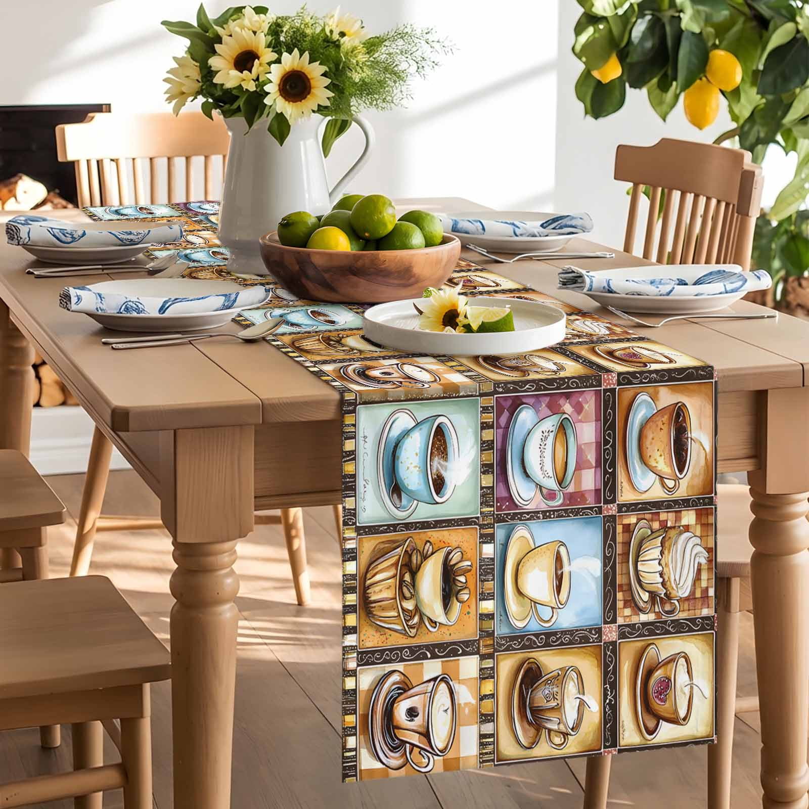 Coffee Cake Dessert Food Table Runner 90 Inches Long, Retro Collage Art Table Runners Tabletop Scarf Kitchen Dining Tables Decoration for Home Party Indoor Outdoor