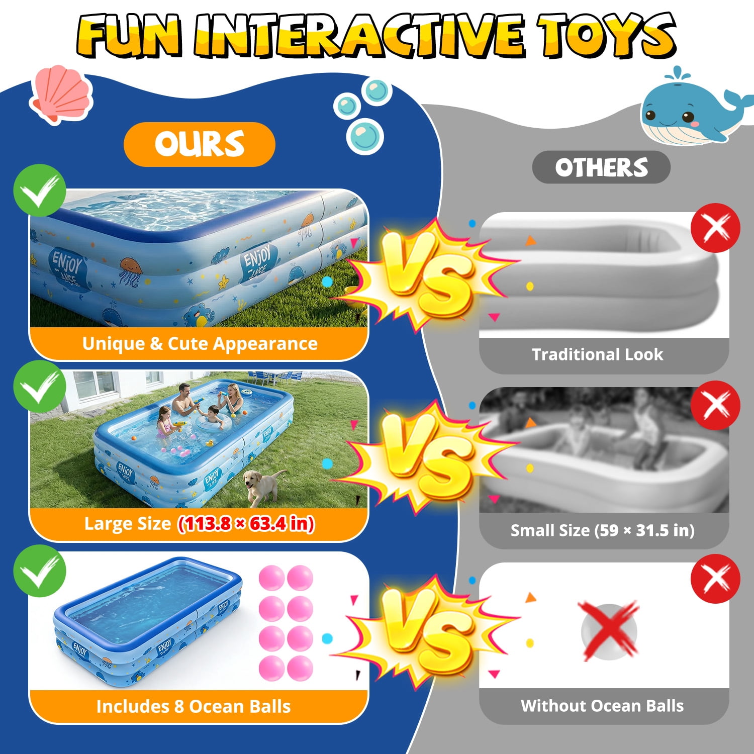 WonderStone Inflatable Swimming Pool, 113'' x 63'' x 20'' Large 3-Layer Thickened PVC Blow Up Pool with 8 Ocean Balls, Durable Family Pool for Adults & Kids, Backyard Garden Summer Water Fun