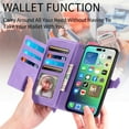thumbnail image 4 of Allytech Wallet Case for iPhone 15 Pro, Embossed Luxury PU Leather Flip Case with Kickstand & Card Cash Slots, Slim Zipper Pocket Detachable Wrist Strap Magnetic Clasp Anti-Drop Case - Purple, 4 of 9