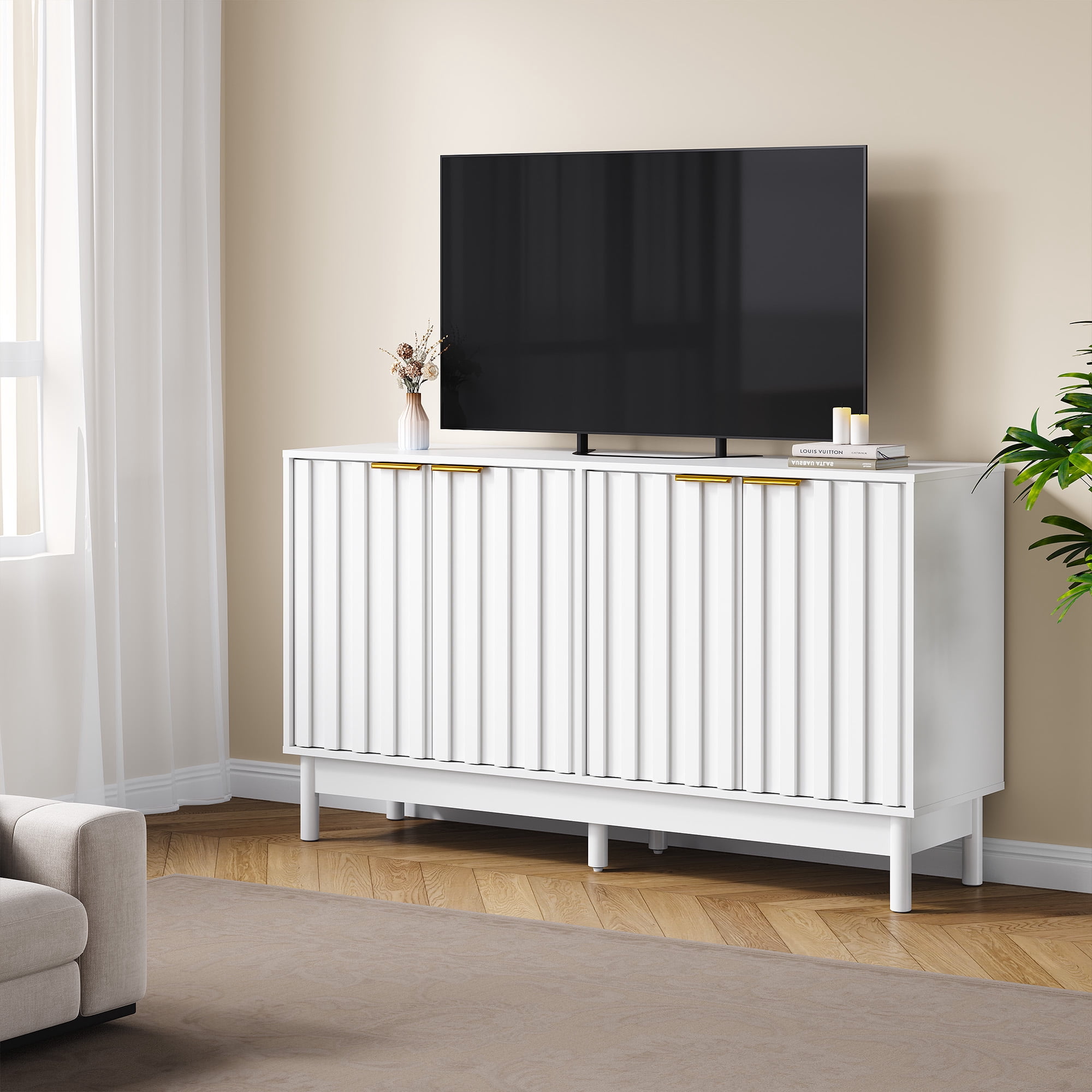 TrumanPick  55'' Buffet Cabinet with Fluted Door, Adjustable Shelves, and Edge Pull White