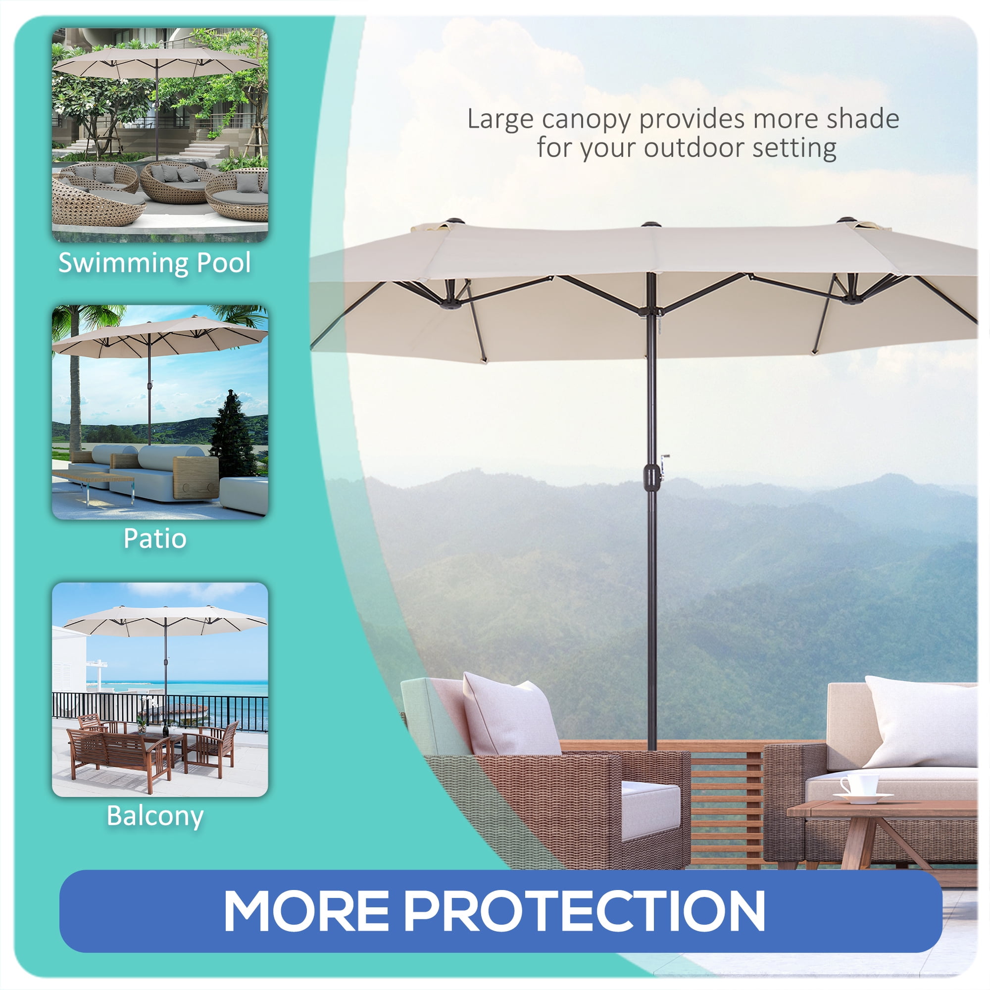 Outsunny 15' Extra Large Double Patio Umbrella for Pool, Cream White
