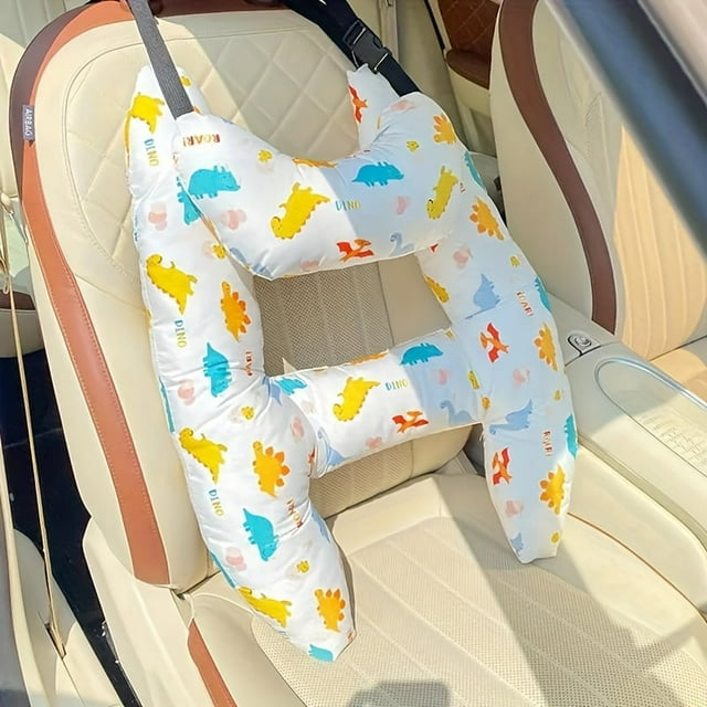 YOPTOP Cute Cartoon Car Seat Pillow with Belt - Comfortable & Secure Travel Accessory Hand-Washable Nylon Mixed Colors,White Dinosaur