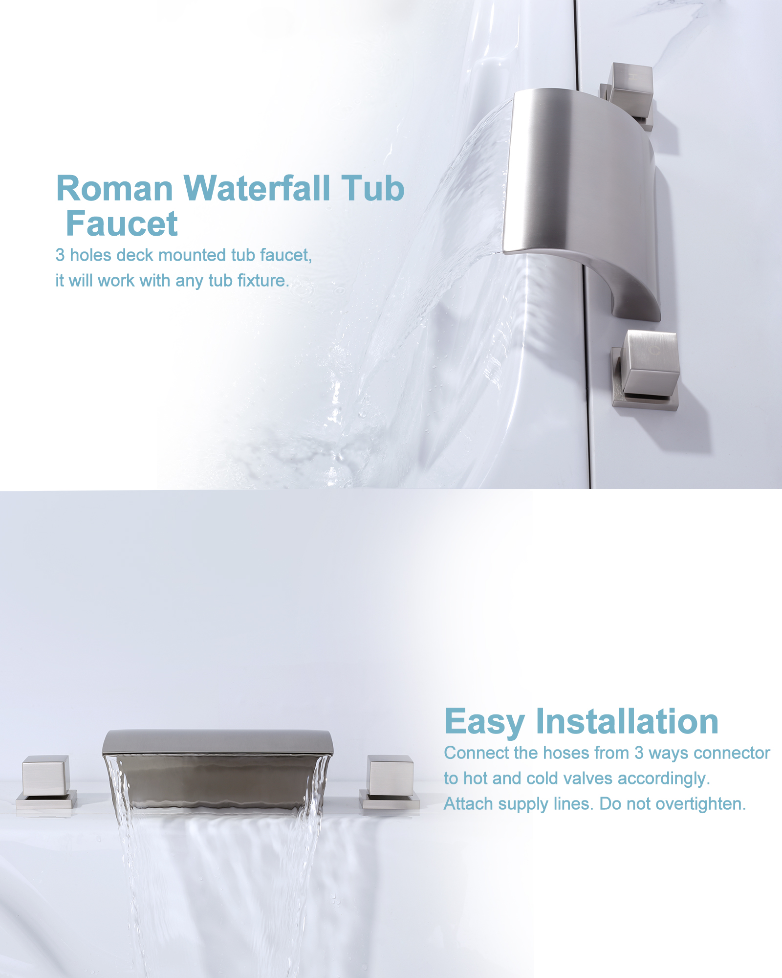 Wowow 2 Handle Waterfall Tub Faucet, Brass 3-Hole Bathtub Faucet, Brushed Nickel