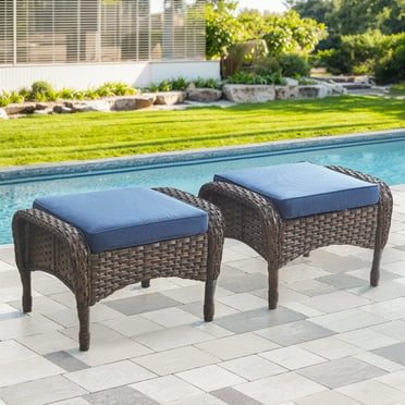 Gymojoy 2 Piece Outdoor Patio Ottomans, Al Weather Wicker Footstool Footrest For Backyard, Porch Balcony,Blue