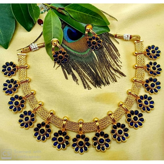 Gold Plated Blue Floral Necklace Set with Earrings – Traditional Indian Ethnic Jewelry for Women