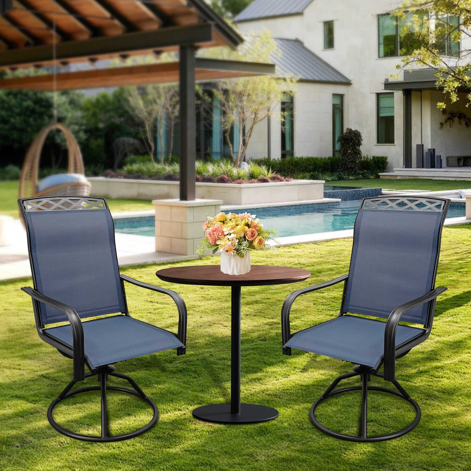 Patio Swivel Chairs Set of 2, Waterproof Outdoor Dining Chairs with All-Weather Textilene Mesh, High Back Rocker Chairs for Deck, Garden, and Backyard (Blue)