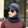 thumbnail image 4 of ZOELNIC Men Winter Warm Hat Scarf Set Knit Visor Beanie Fleece Lined Beanie with Brim Cap, Navy Blue, 4 of 5