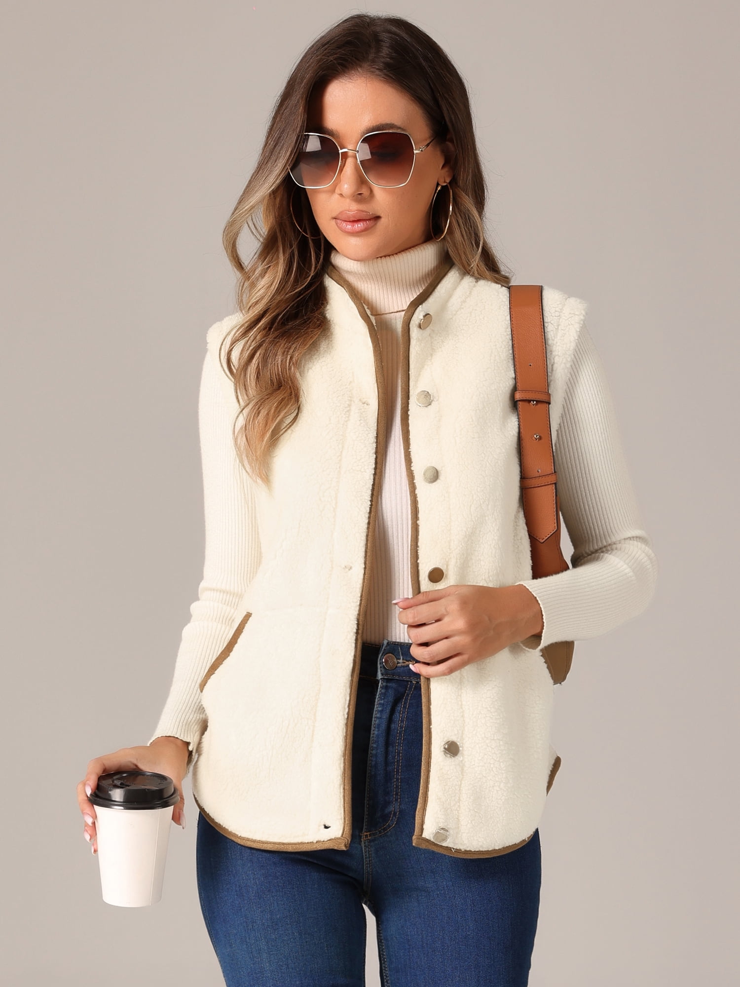 DARING DIVA Women's Fleece Button Down Jacket with Pockets Oversized Fuzzy Vests XL Apricot Brown