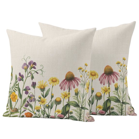 Outdoor Pillow Covers 20x20 Set of 2, Spring Floral Waterproof Patio Throw Pillow Covers for Couch Sofa Chair, Yellow Flowers Pastoral Botanical Rustic Decorative Pillowcases for Throw Pillows