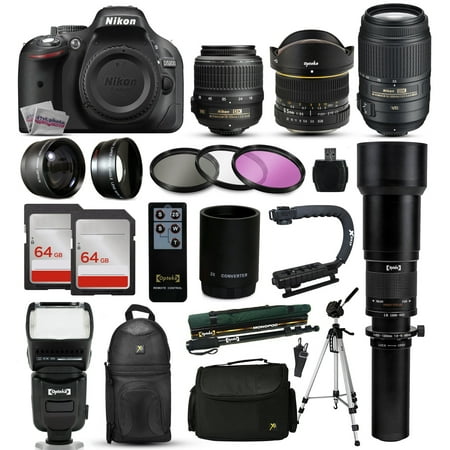 Nikon D5200 DSLR Digital Camera + 18-55mm VR + 6.5mm Fisheye + 55-300mm VR + 650-2600mm Lens + Filters + 128GB Memory + Action Stabilizer + i-TTL Autofocus Flash + Backpack + Case + 70" Tripod