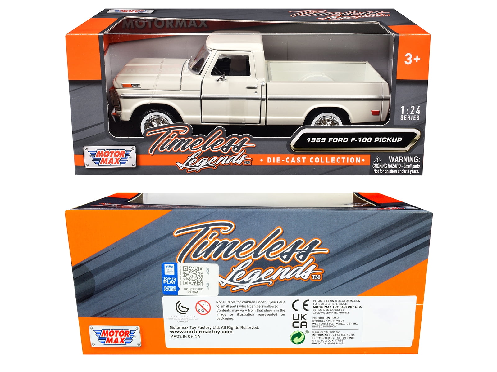 1969 Ford F-100 Pickup Truck Cream "Timeless Legends" Series 1/24 Die Cast Model Car by Motormax