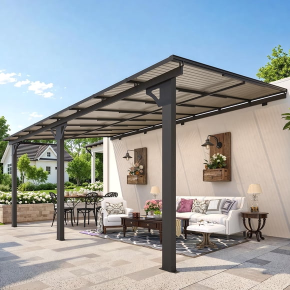 AECOJOY 10' x 16' Adjustable Height Wall-Mounted Pergola, Outdoor Hardtop Metal Lean-to Patio Pergola with Roof
