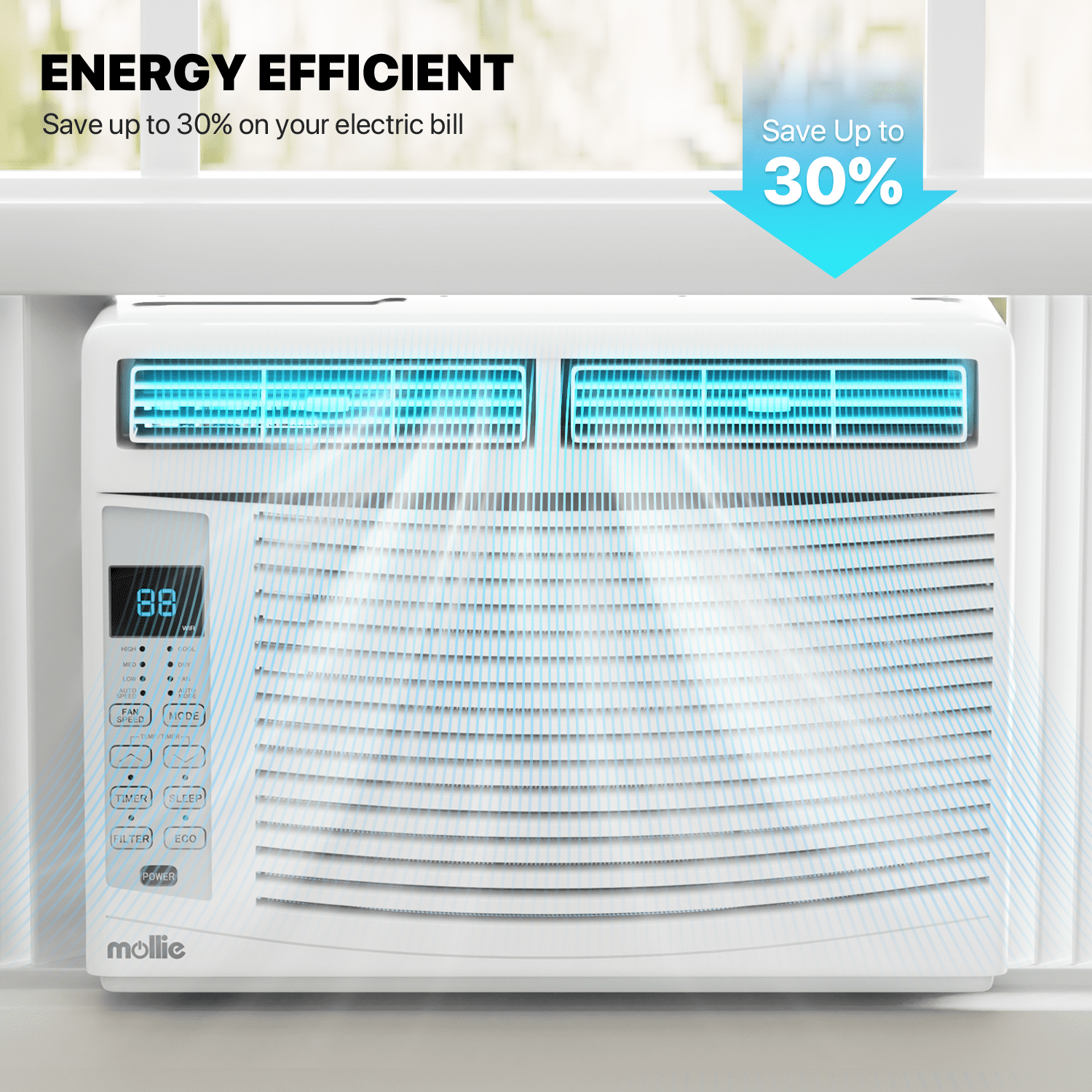 mollie 6,000 BTU Smart Window Air Conditioner with WiFi, Energy Saving AC Unit with Remote & App Control & Timer Function, Cools 151-250 Sq.Ft., White