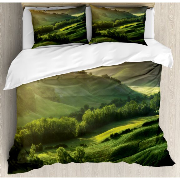 Scenic Summer Duvet Cover Set Queen Size, Nature Landscape with Sunrise on Mountains Photo from Tuscany Print, Decorative 3 Piece Bedding Set with 2 Pillow Shams, Green and Multicolor, by Ambesonne