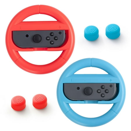 Insten 2-pack Joy-Con Controller Steering Wheel Durable Handle Grip + Analog Thumbstick Cap for Nintendo