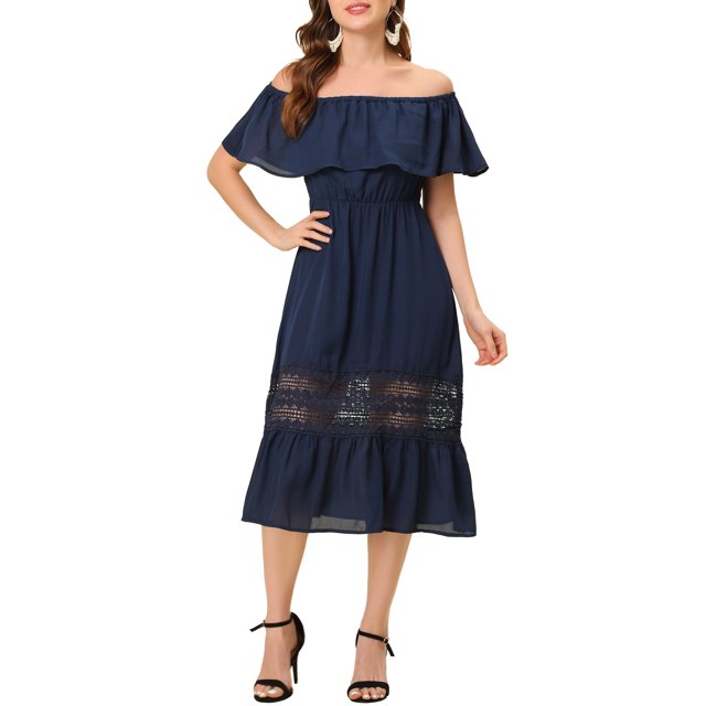 INSPIRE CHIC Women's Dress Flutter Sleeve Off The Shoulder Ruffle Lace Insert Maxi Dresses M Navy Blue
