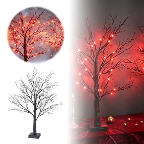 23.6 Inch LED Halloween Tree Black Birch with Red Orange Lights, USB/Battery Operated Tabletop Lighted Spooky Decor for Home Office Indoor Halloween Party