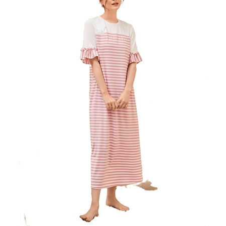 

Women s Nightgowns & Sleepshirts Baby Pink Cute Striped Round Neck Sleepshirts Elbow-Length