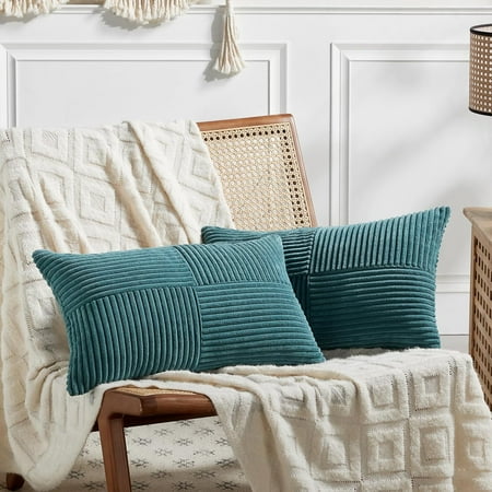 

Fancy Homi 2 Packs Teal Long Lumbar Decorative Throw Pillow Covers 16x16 Inch for Couch Bed Sofa Rustic Farmhouse Boho Home Decor Soft Striped Corduroy Rectangle Accent Cushion Case 16x16