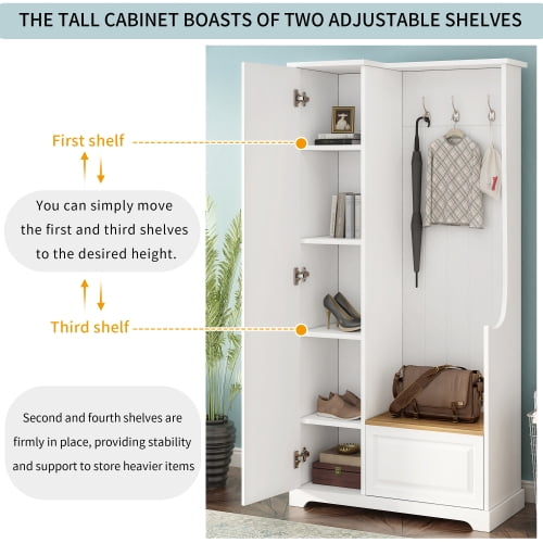 Hall Tree with Flip-Up Bench and Shoe Cabinet, Adjustable Shelves, Hooks, Entryway Mudroom Furniture, White