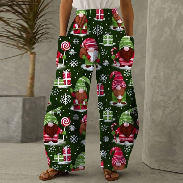 Puntoco Pantalones sueltos casuales vintage con estampado navideño para mujer Pantalones de pierna ancha casuales Pantalones Puntoco Puntoco-3982