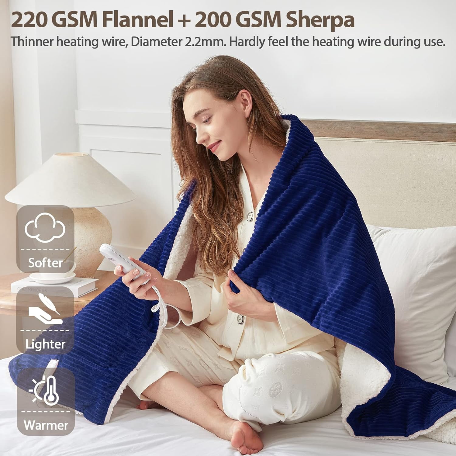 L'AGRATY Electric Heated Throw Blanket, Flannel & Sherpa Cozy Soft Electric Throw with 5 Heat Settings & 4 Hours Auto -Off, 90x100 Inch, Blue