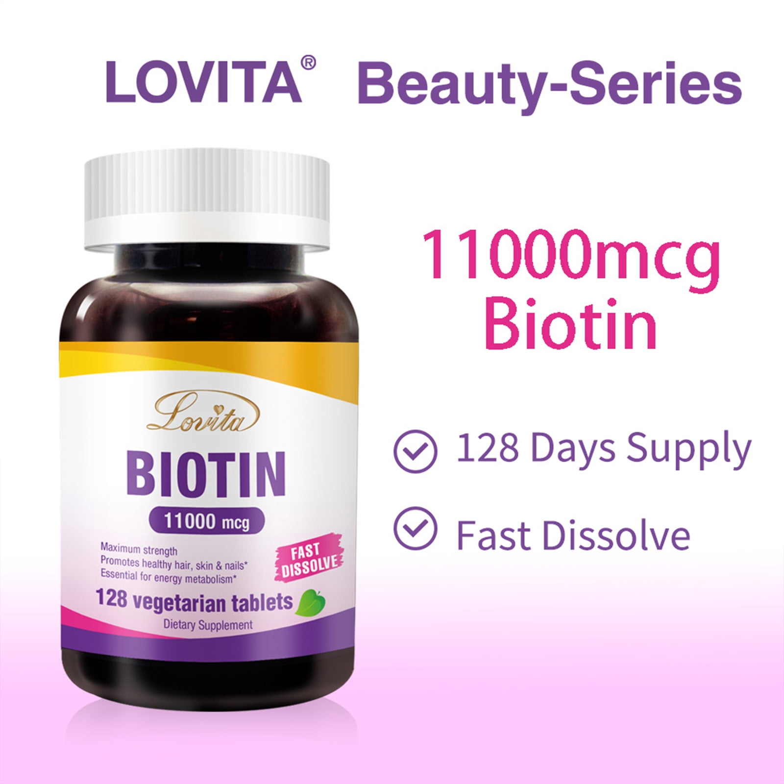 Lovita Biotin High Potency 11000mcg, 128 Days-Supply, Fast Dissolvable Vitamins B7 for Skin and Nails & Hair Health, Vegetarian Dissolvable Tablets