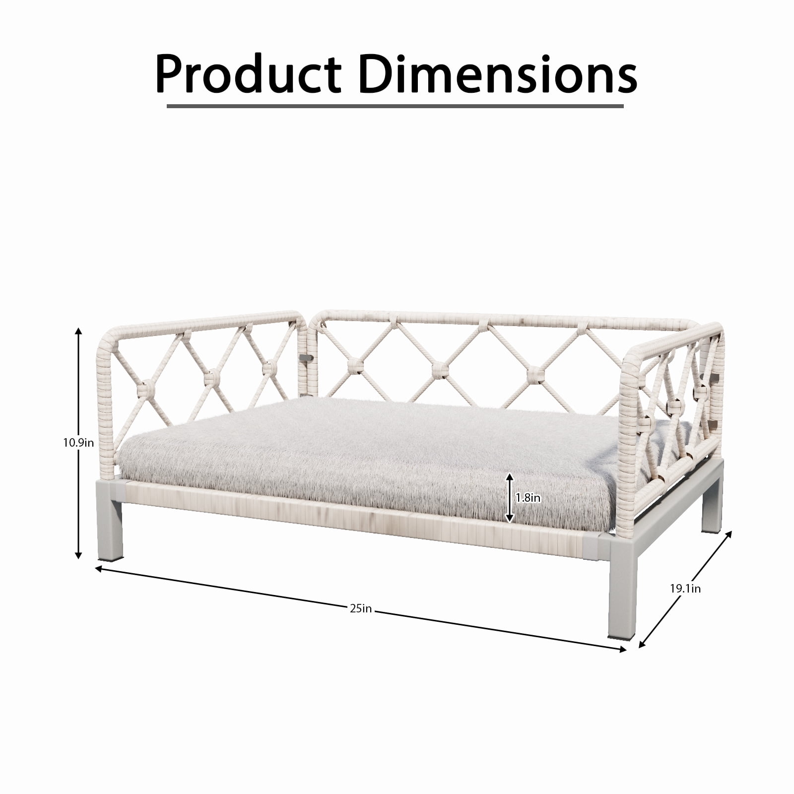 Wallowsun Wicker Dog Bed with 2'' Cushion,Rattan Dog Sofa Bed for Small Medium Dogs– Indoor/Outdoor Metal Frame Pet Bed up 66lbs (White Rattan Grey Cushion)