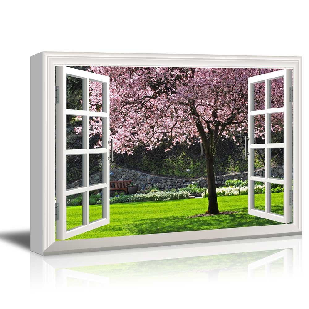 wall26 Creative Window View Canvas Prints Wall Art Cherry Blossom