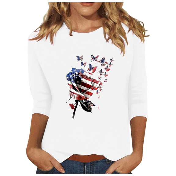 lcziwo Womens Tops 4th of July 3/4 Sleeve Crew Neck Tops American Flag Patriotic Print T Shirt Casual Summer 2025 Tees White,M