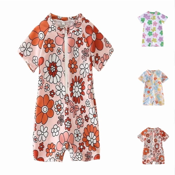 REDARER Toddler Girls UPF 50  Sunsuit, Floral Print One-Piece Rash Guard with Zip Front,12-18 Months