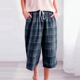 thumbnail image 2 of Wide Leg Pants Woman Loose Fit Plaid Lightweight Washable Soft Fabric Capris Trousers Navy Running Lounge Pant M, 2 of 6