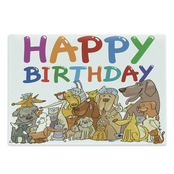 Birthday Party Cutting Board, Multicolored Cartoon Streets Dogs Cats Animals Party Themed Words Fun Print, Decorative Tempered Glass Cutting and Serving Board, Large Size, Multicolor, by Ambesonne