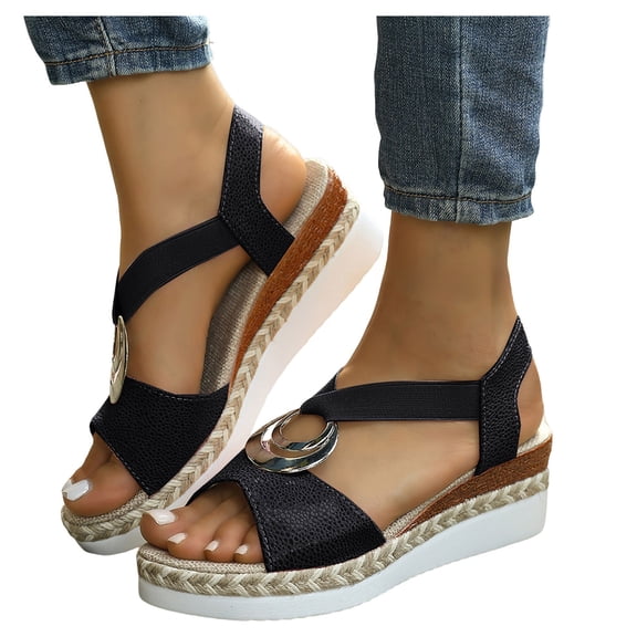 Rokment Women's Platform Chunky Heels Dressy Sandals Fashion Casual Metallic Silver Buckles Leather Elastic Ankle Strap Wedge Slingback Heeled Summer Comfortable Walking Shoes Black Size 6
