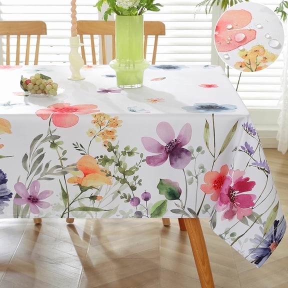 Spring Summer Tablecloth Rectangle Spill Proof Wrinkle Free Wildflowers Butterfly Watercolor Floral Table Cloth, Soft Polyester Table Cover for Dining, Party, Indoor, Outdoor, Colorful