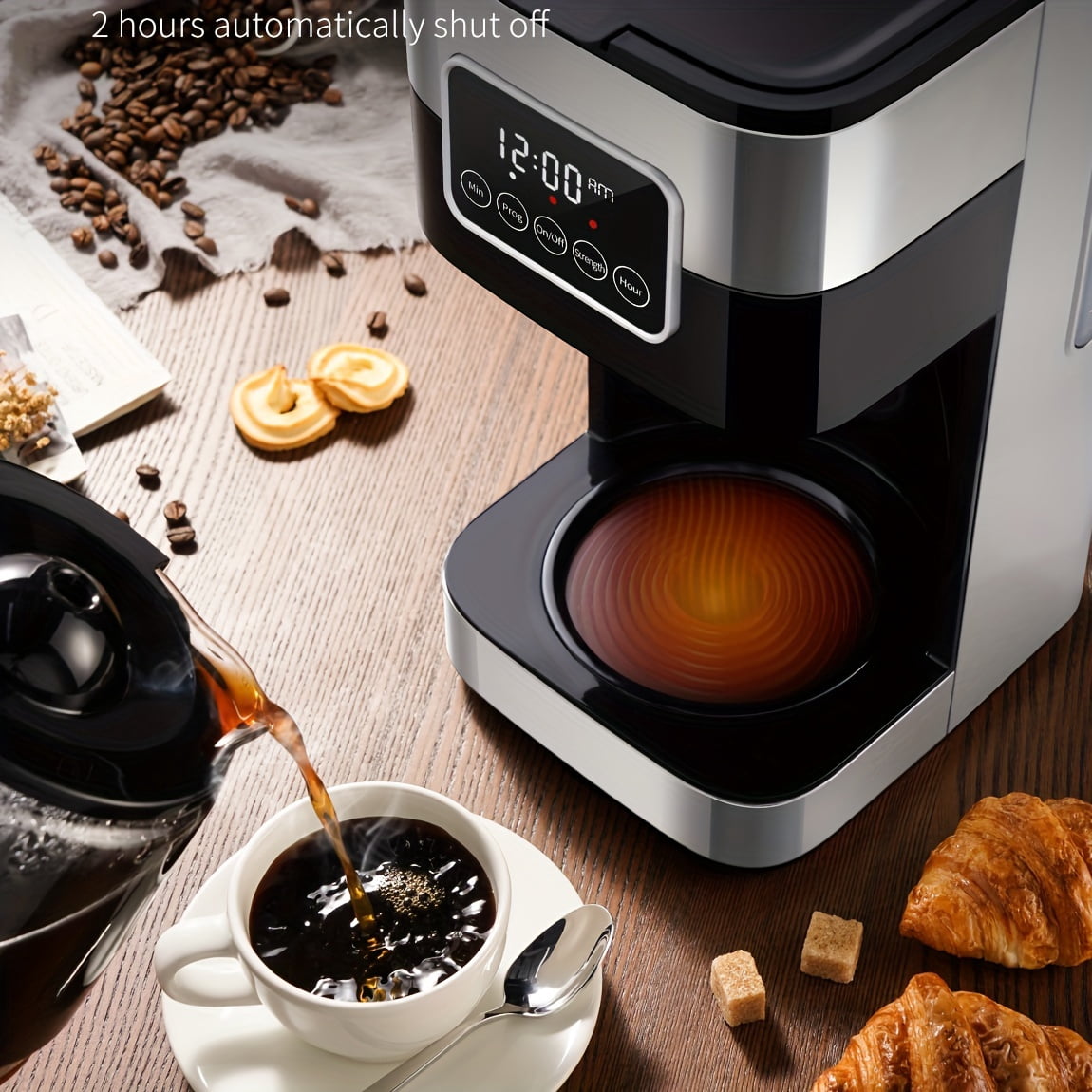 10-Cup Programmable Drip Coffee Maker with Touch-Screen, Pause & Serve, Stainless Steel, Black.