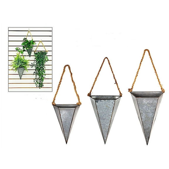 S/3 Hanging Metal Planters Galvanized Pockets W Ropes Cone Shape Modern Urban Rustic Industrial Indoor Outdoor