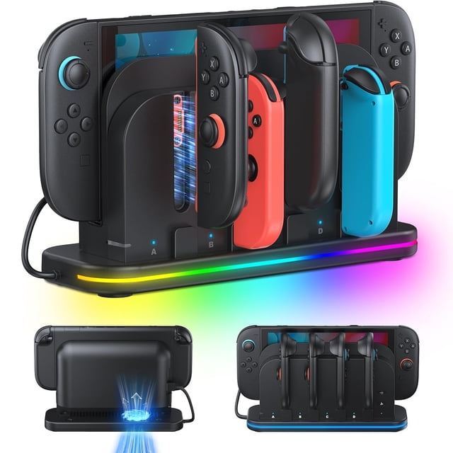 Base de carga RGB 8 en 1 para Switch 2 con ventilador de refrigeración, estación de carga para mandos Joy-Con, carga magnética con indicadores LED