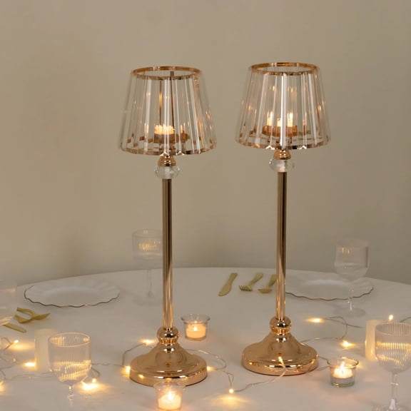 2 Gold Metal Votive Candle Holders with Clear Crystal Glass Lamp Shade Party Wedding Reception Event Centerpieces Home Decorations Supplies