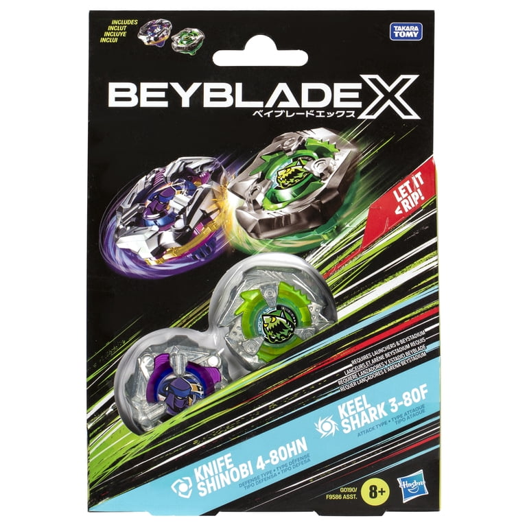 Beyblade X Knife Shinobi 4-80HN and Keel Shark 3-80F Purple