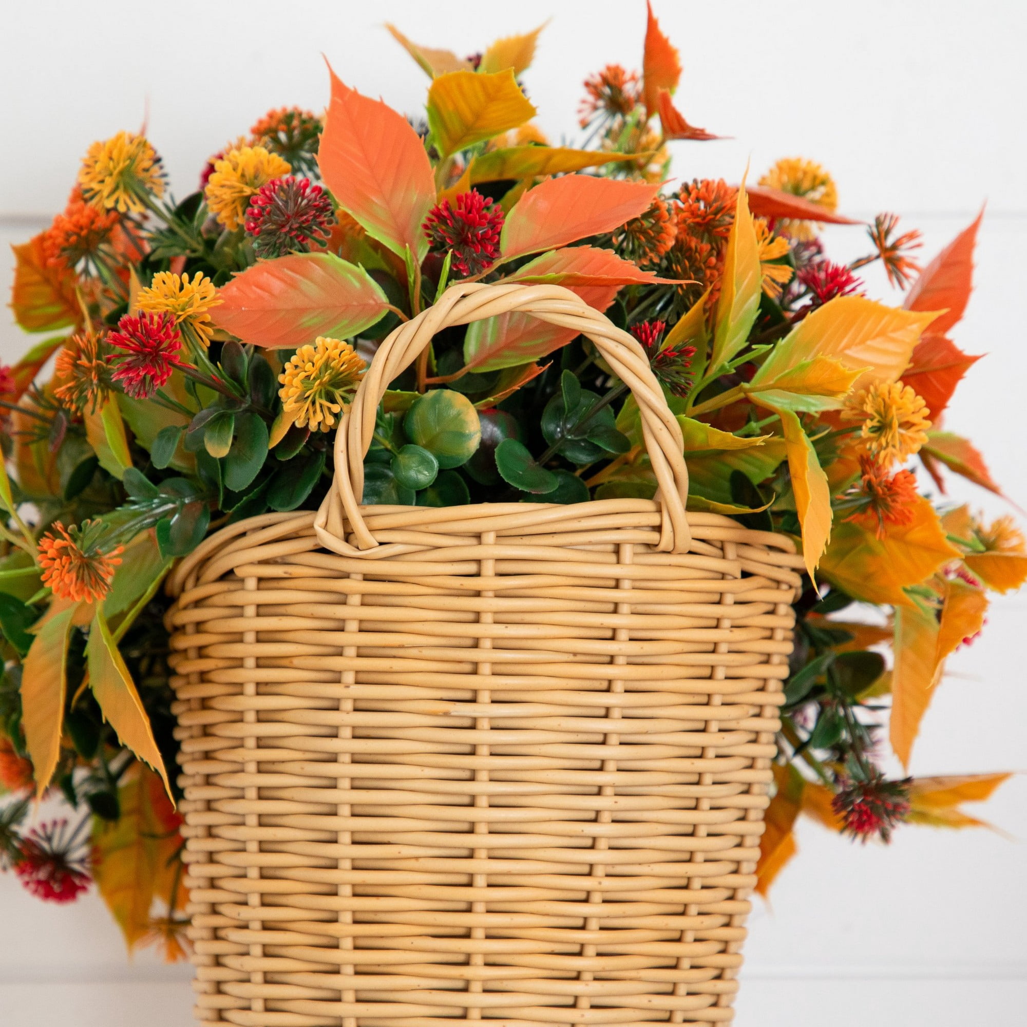 14in. UV Resistant Autumn Artificial Mixed Fall Mum in Wicker Basket (Indoor/Outdoor)