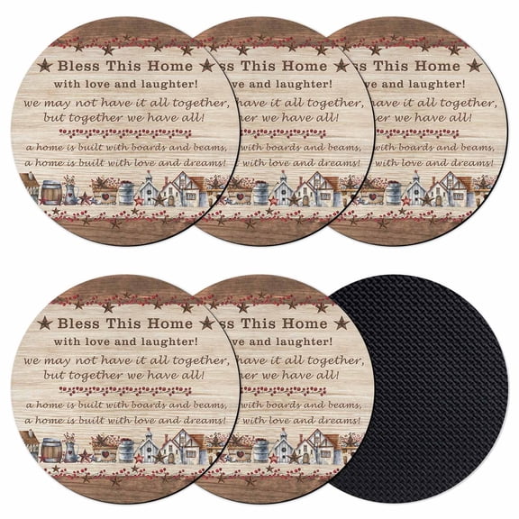Farmhouse Coasters Set of 6, Soft Absorbent Coasters for Drinks, Brown Country Star Berry Vintage Wood Grain Non-Slip Cup Coaster Mat with Rubber Bottom for Home Kitchen Coffee Bar Table Decor 4"