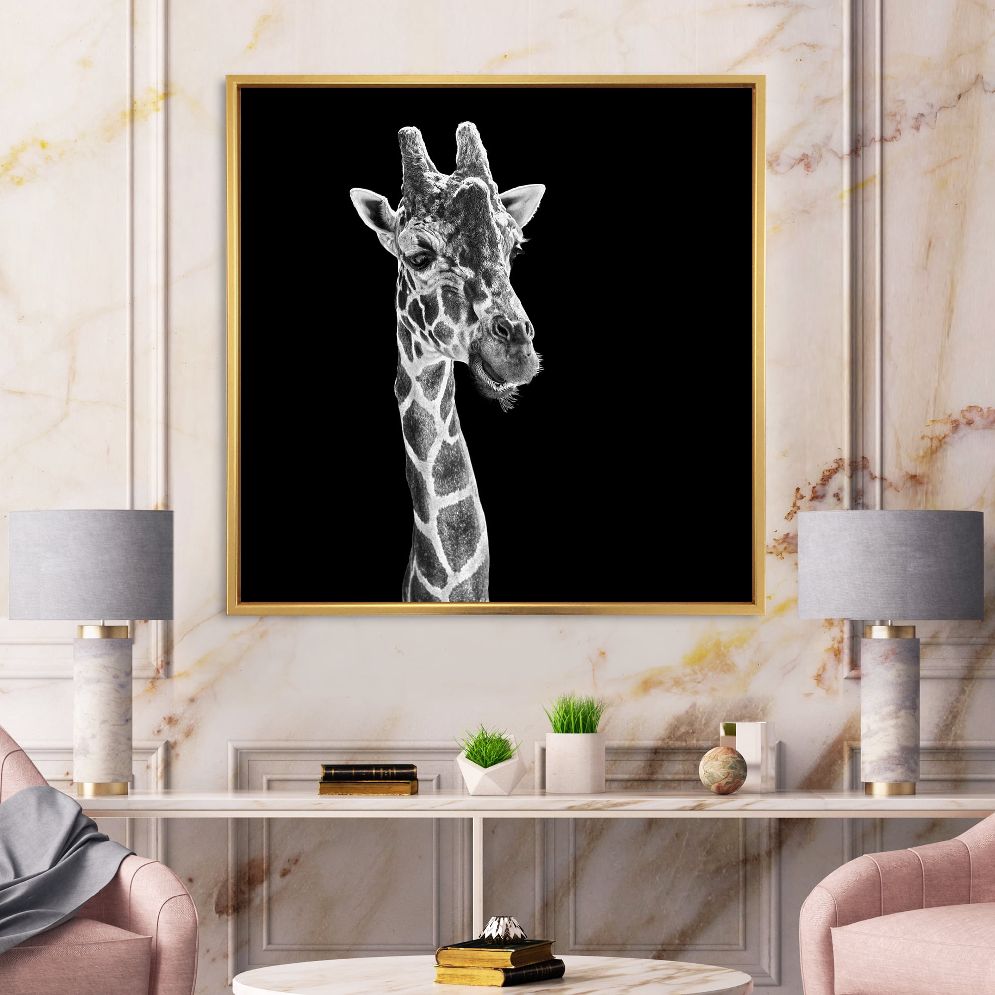 Designart 'Close Up Portrait Of A Giraffe On Black II' Farmhouse Framed Canvas Wall Art Print