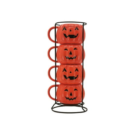 Way To Celebrate Halloween Pumpkin Stackable Mug set with Iron Rack