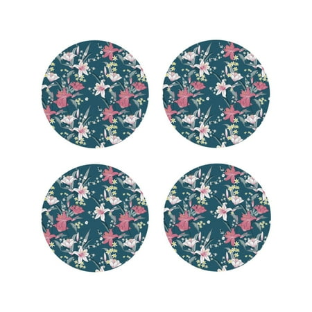 

Leather Coasters Set of 4 - Beautiful Lilies Flowers Lightweight Non-Slip Drink Coasters for Desk Anti-Scalding Desk Cup Coasters for Office Table Decor Round Shape