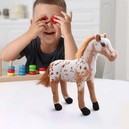 STROLA Handmade Soft White Brown Stuffed Horse Plush Realistic Horse Stuffed Animal Farmhouse Decor Cuddly Horse Plush Set for Gift 13 Inch