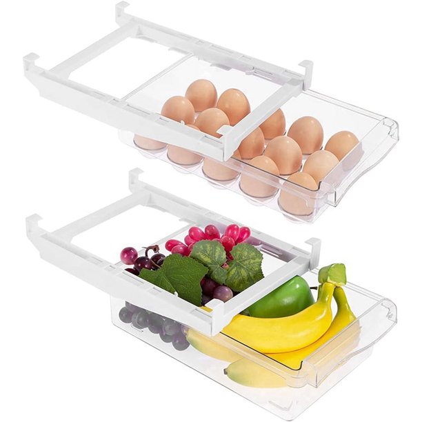 Organizador de refrigerador de 2 paquetes, organizador de cajón extraíble para refrigerador, huevos y frutas